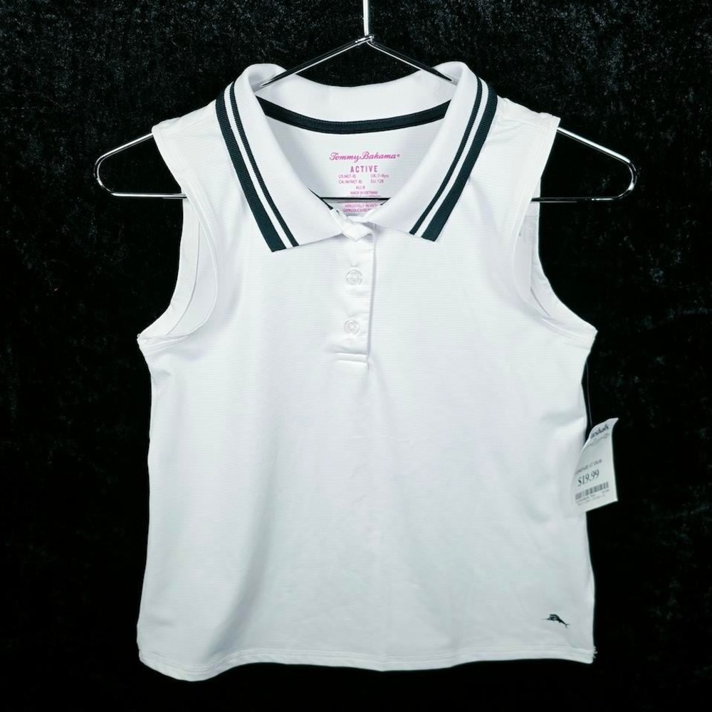 Tommy Bahama Active Girls Sleeveless Polo Shirt White Striped Collar Size M 7-8